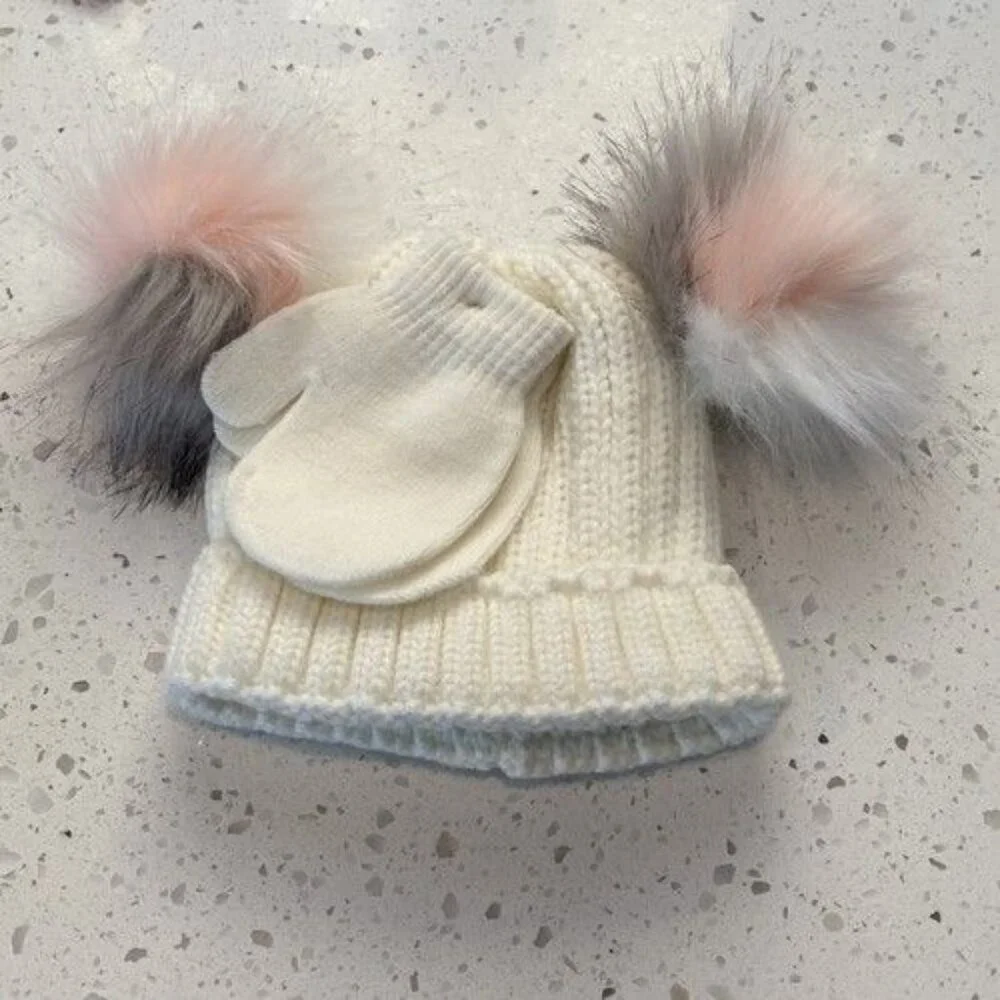 Curls & Pearls Couture Toddler Girls white Beanie mitten pink grey double pom
